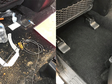 Before and after of a filthy rear seat and carpet cleaned to look like new