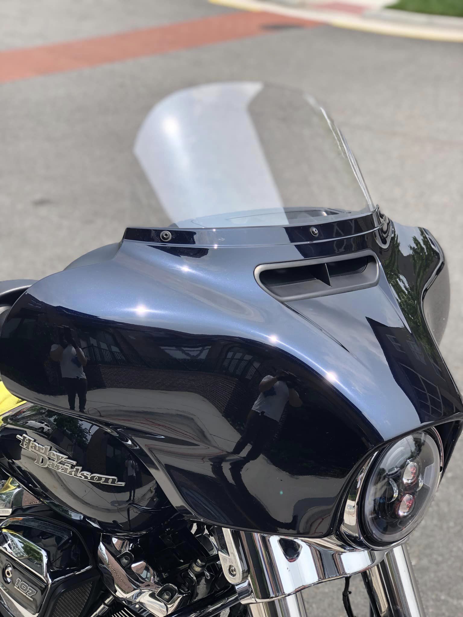 Front view of a detailed black Harley