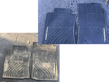 Before and after of muddy carpeted floor mats shampooed clean