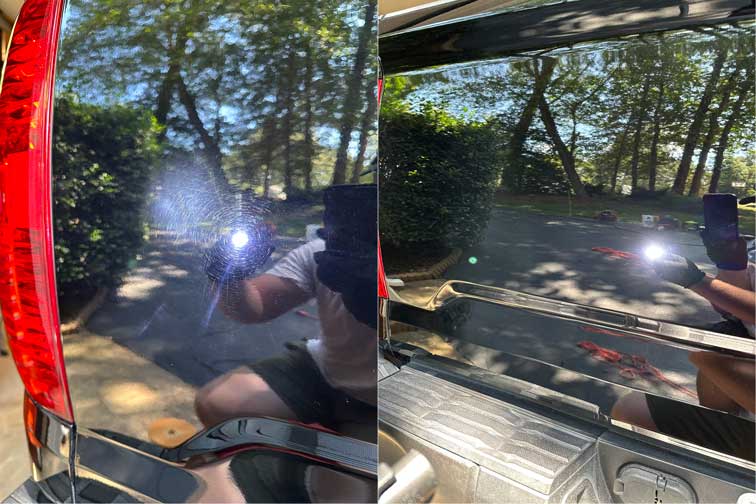 Before and after closeup of dark paint beside a red taillight, showing spiderweb swirl marks under a flashlight on the left and a clear reflection after paint correction on the right
