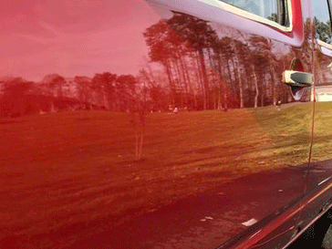 Side panel of a red vehicle with a 2 year ceramic coating reflecting trees like a mirror